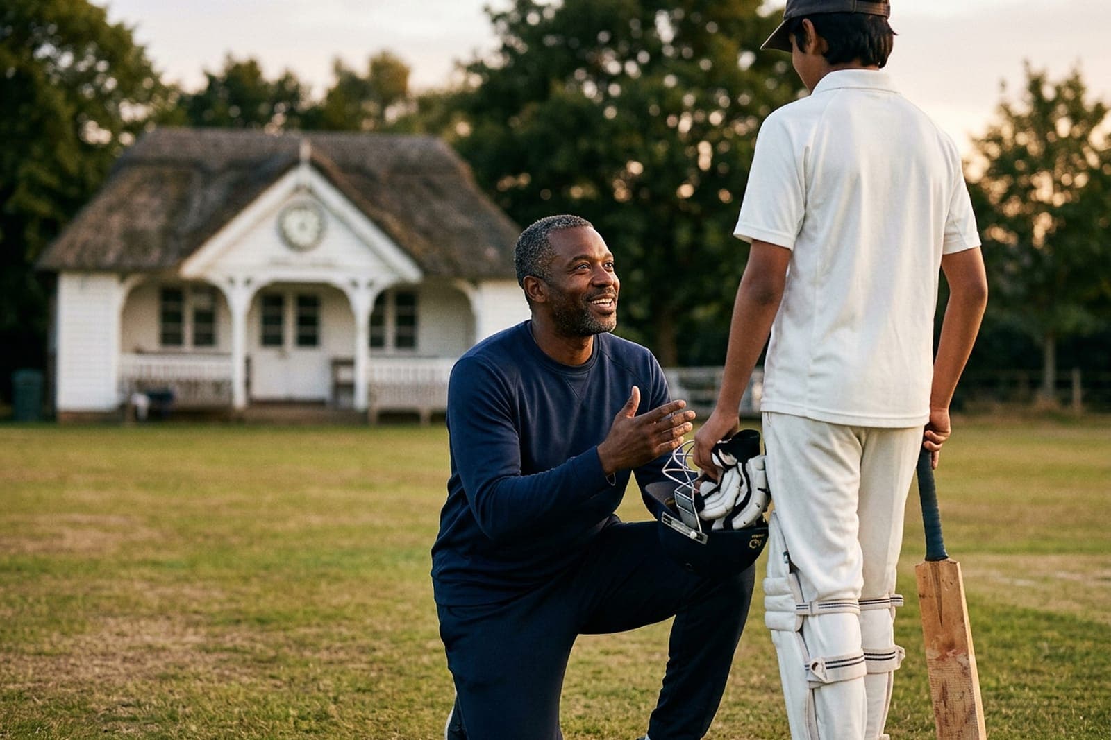 A coach kneels to talk with a young batter in front of the pavilion