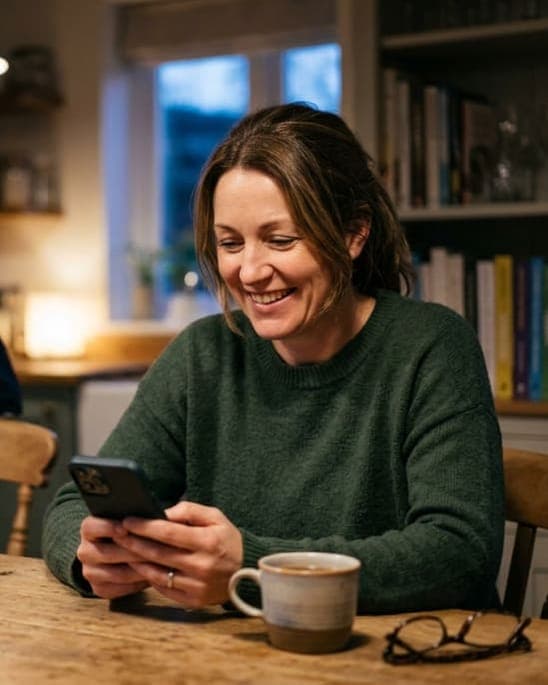 A mother smiles at an update on a phone at the kitchen table, a kit bag nearby