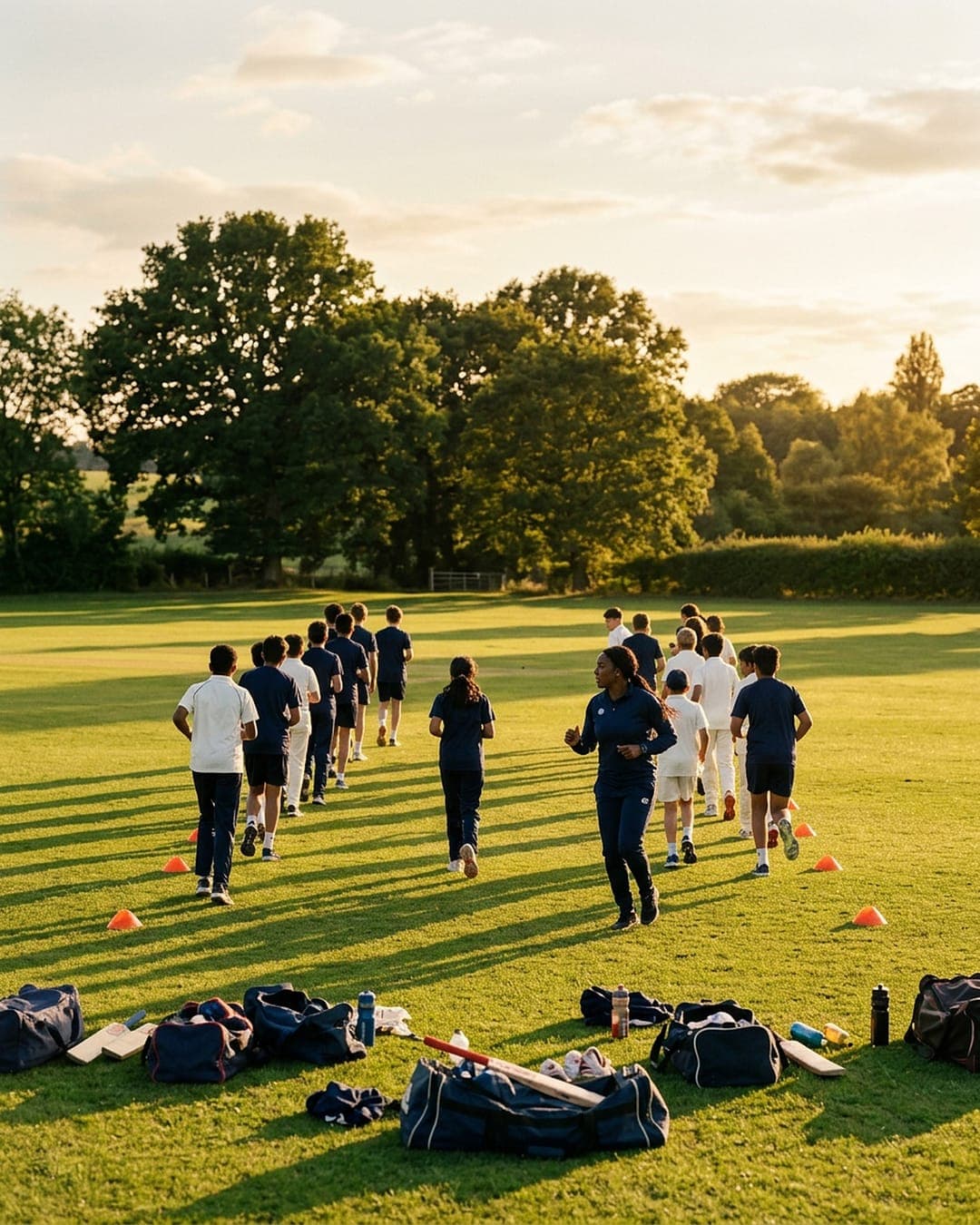 A coach leads a squad of boys and girls in a warm-up run across the outfield