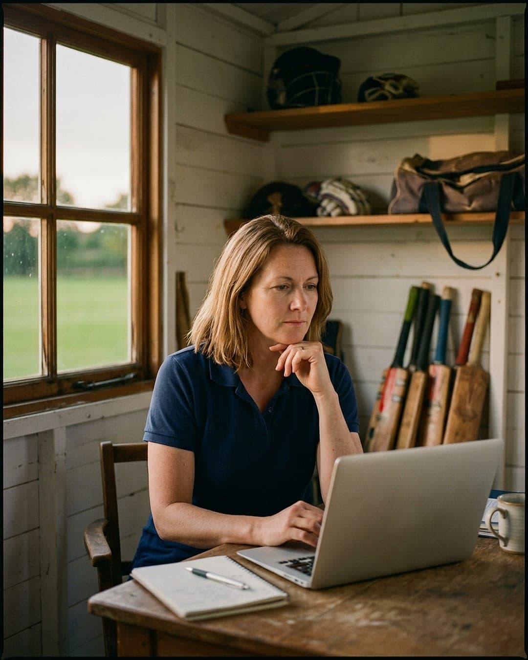 A head of pathway works on a laptop in the pavilion, a match on the ground outside