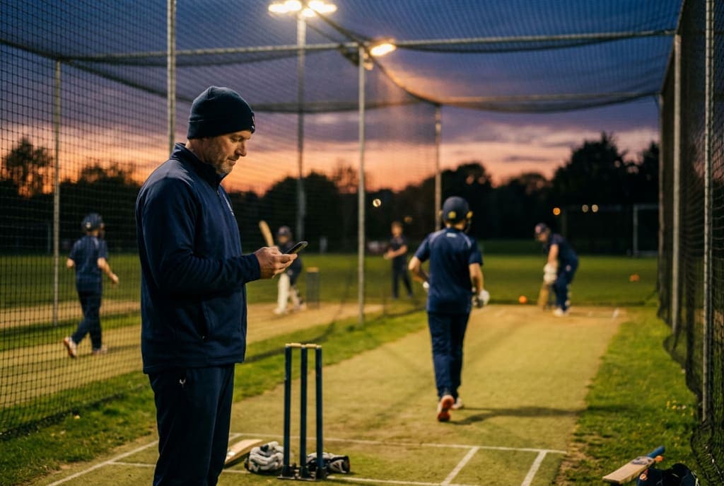 A coach at evening nets checks a phone while players train behind
