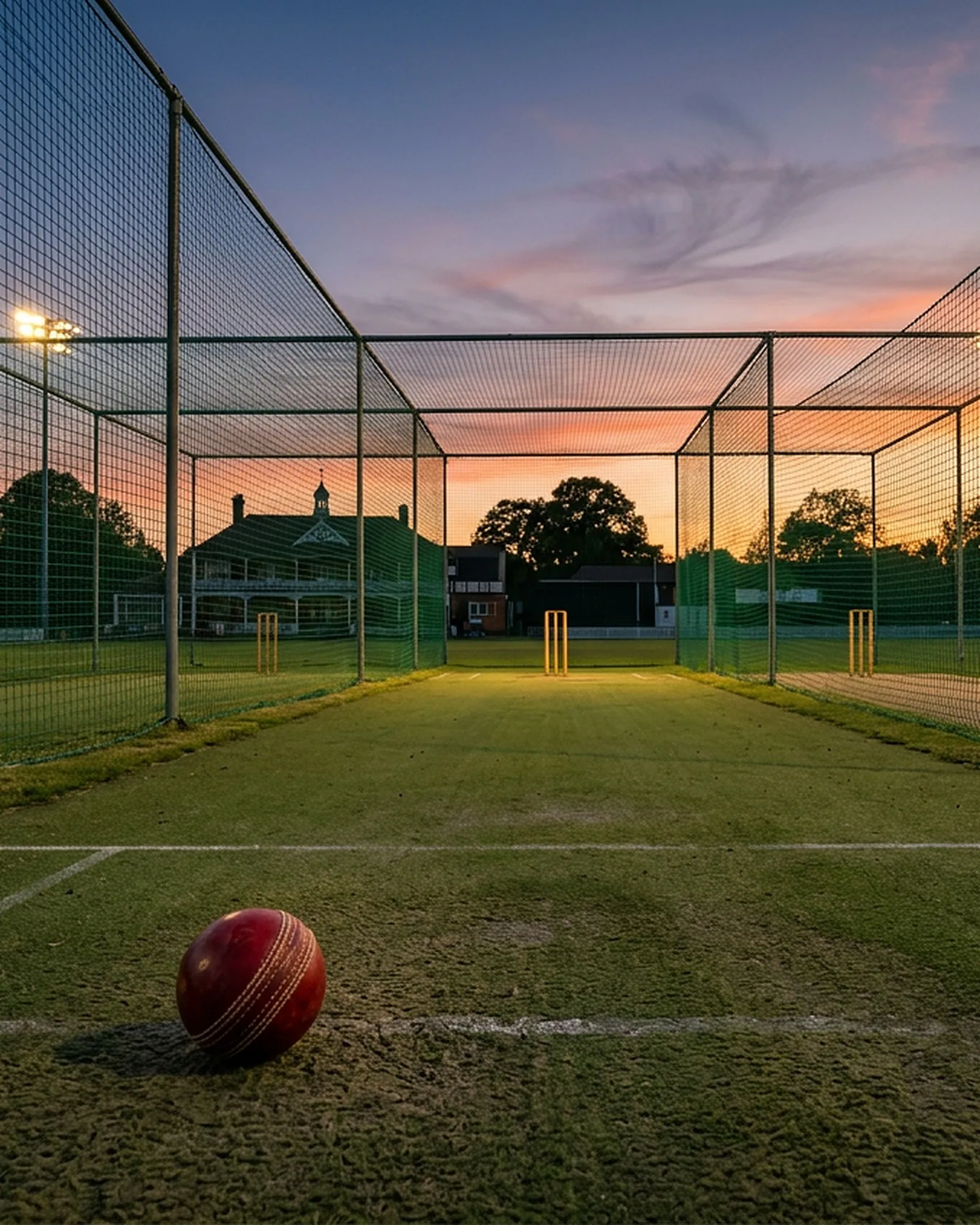 Empty floodlit cricket nets at dusk, a red ball on the crease