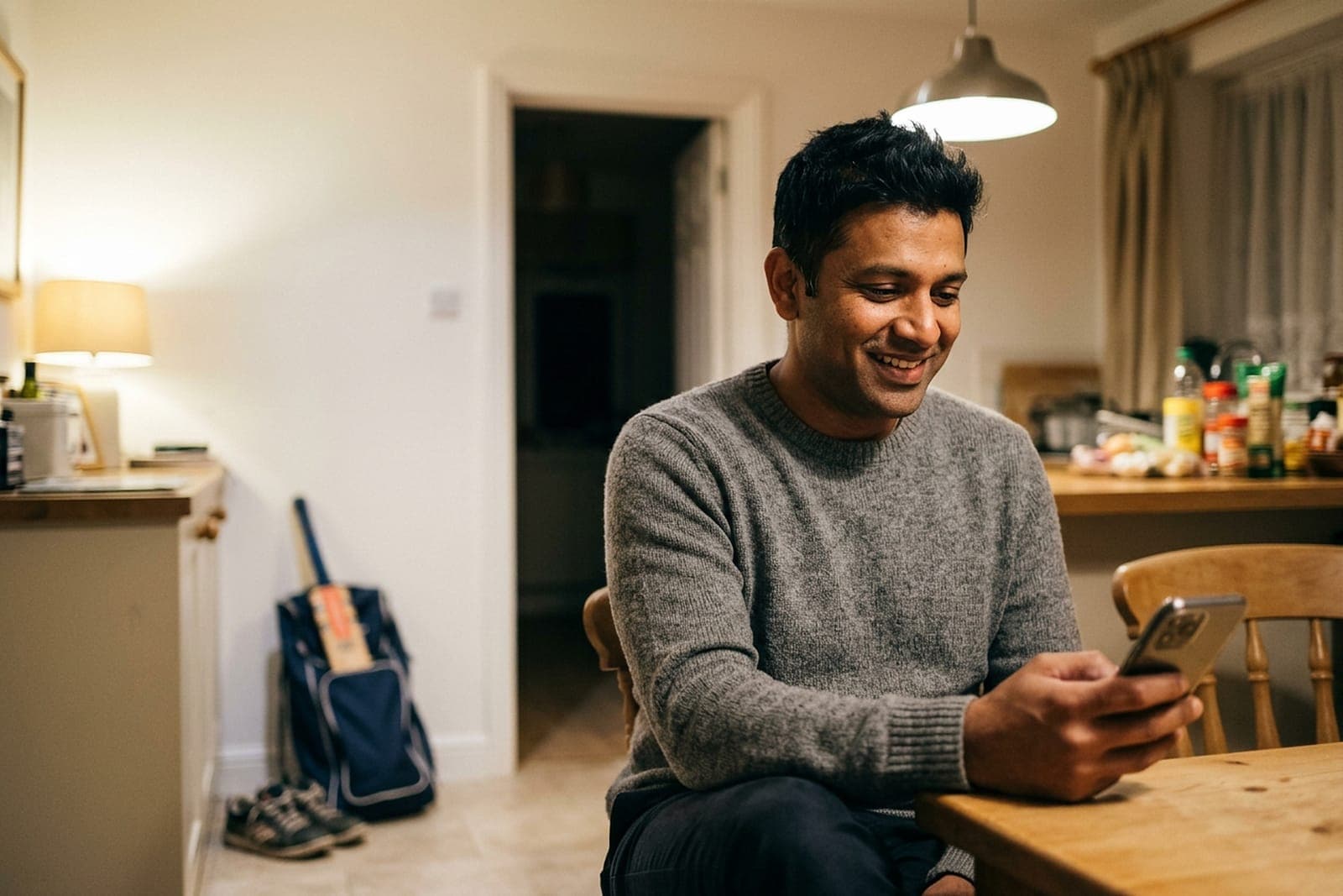 A father smiles at an update on a phone at the kitchen table, a cricket bag by the door