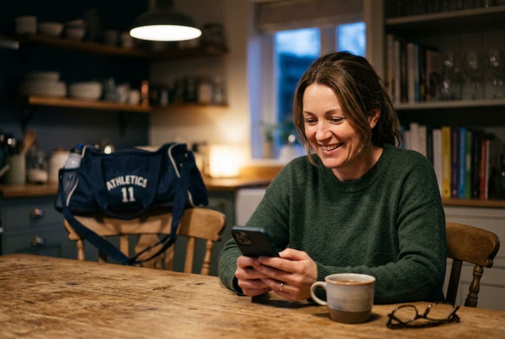 A mother smiles at an update on a phone at the kitchen table